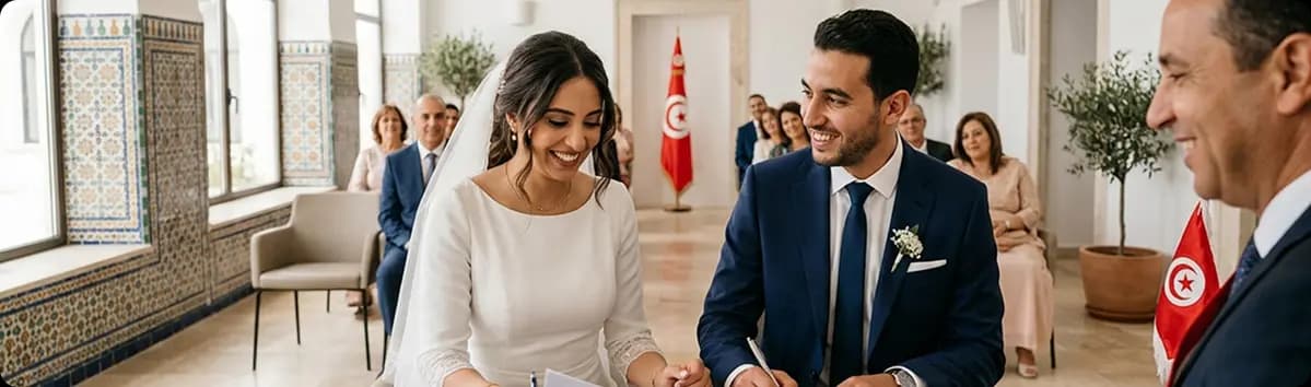 Couple signant un contrat de mariage civil en Tunisie